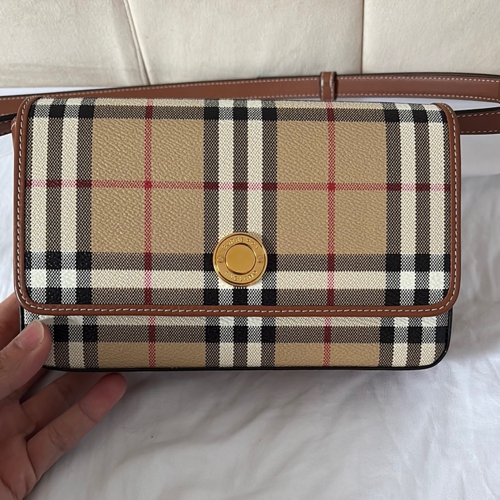 Burberry Tan and Black Crossbody Bag with Iconic Check Pattern